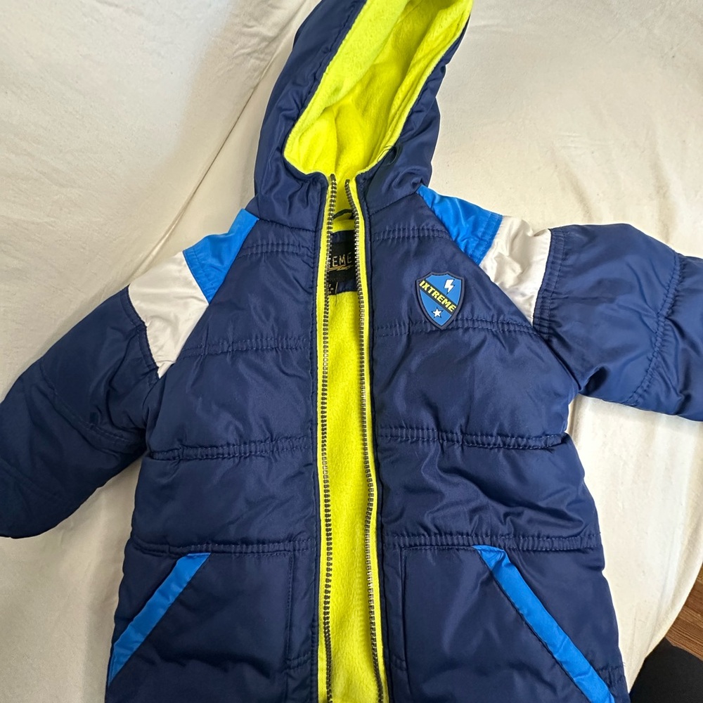 Blue and White Hooded Jacket with Neon Accents
